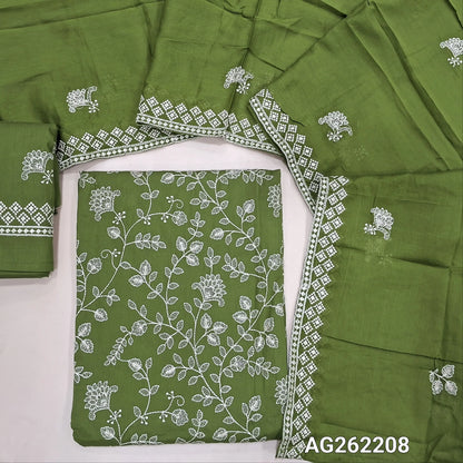 Fresh Leafy Green embroidered cotton unstitched salwar material, rich jaal embroidery all over (Lining Needed) matching embroidered cotton bottom, soft mul cotton embroidered dupatta. AG262208