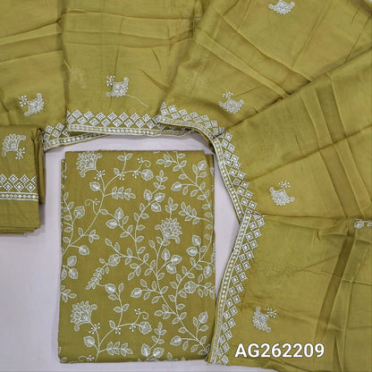 Light Mehandhi Yellow embroidered cotton unstitched salwar material, rich jaal embroidery all over (Lining Needed) matching embroidered cotton bottom, soft mul cotton embroidered dupatta. AG262209