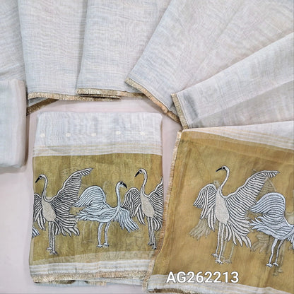 Rich beige premium silk cotton unstitched salwar material,zari buttas all over,silver& antique gold zari embroidery,tissue work on daman(lining needed)matching santoon bottom, soft silk cotton dupatta with silver gold tissue with zari work pallu. AG262213