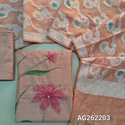 Peachish Pink premium muga silk cotton unstitched salwar material, hand brush paint work on front with cut bead detailing (Lining Needed) matching santoon bottom, rich jamdani and meenakari woven muga silk cotton dupatta with cut bead work. AG262201