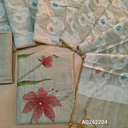 Light grey premium muga silk cotton unstitched salwar material, hand brush paint work on front with cut bead detailing (Lining Needed) matching santoon bottom, rich jamdani and meenakari woven muga silk cotton dupatta with cut bead work. AG262204