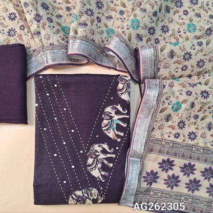 Deep wine purple semi linen unstitched salwar material, V neckline with kantha, foil and applique work (Lining Optional) matching santoon bottom, semi linen floral printed dupatta with silver tissue borders. AG262305