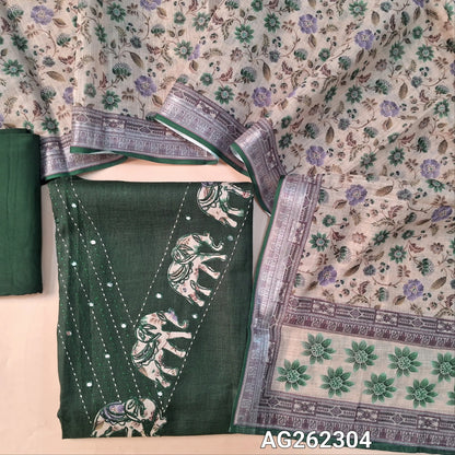 Dark Green semi linen unstitched salwar material, V neckline with kantha, foil and applique work (Lining Optional) matching santoon bottom, semi linen floral printed dupatta with silver tissue borders. AG262304