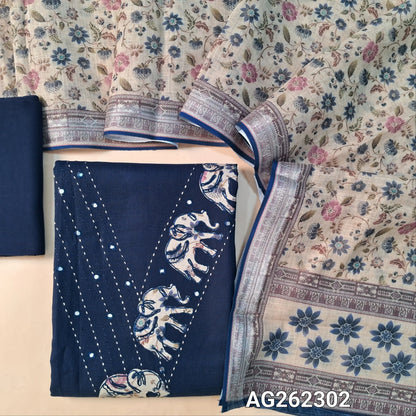 Navy Blue semi linen unstitched salwar material, V neckline with kantha, foil and applique work (Lining Optional) matching santoon bottom, semi linen floral printed dupatta with silver tissue borders. AG262302