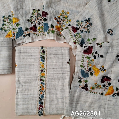 Designer Light Beige premium slub linen unstitched salwar material, hand embroidery on yoke (Soft, Lining Needed) matching bottom, slub linen dupatta with rich hand embroidery work. AG262301
