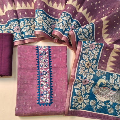 Premium beetroot Purple & golden tint  premium tissue silk cotton unstitched salwar material (lining needed) embroidery work on yoke, matching silky bottom, digital printed tissue silk cotton dupatta. DC252603