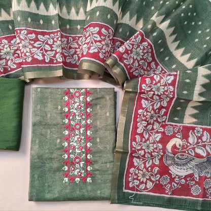 Premium light Green & golden tint  premium tissue silk cotton unstitched salwar material (lining needed) embroidery work on yoke, matching silky bottom, digital printed tissue silk cotton dupatta. DC252604
