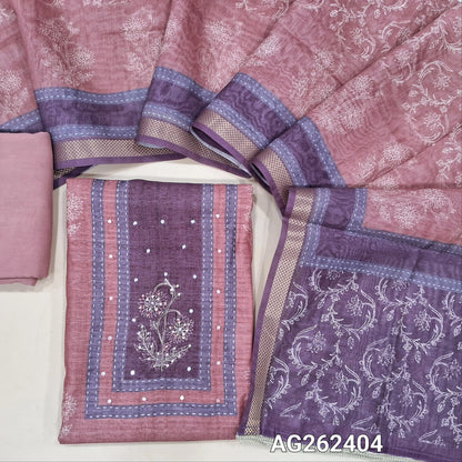 Designer pink and purple jute silk floral printed unstitched salwar material, zardozi work on yoke (Textured, Lining Needed) matching spun cotton bottom,  digital printed dual shaded jute silk dupatta. AG262404