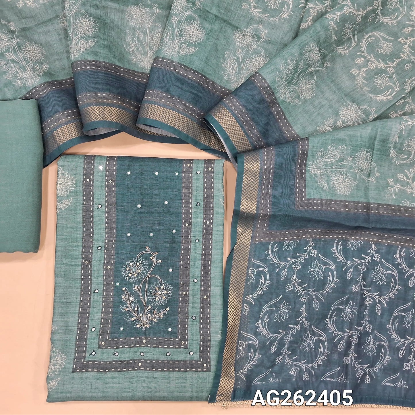 Designer light and dark blue jute silk floral printed unstitched salwar material, zardozi work on yoke (Textured, Lining Needed) matching spun cotton bottom,  digital printed dual shaded jute silk dupatta. AG262405