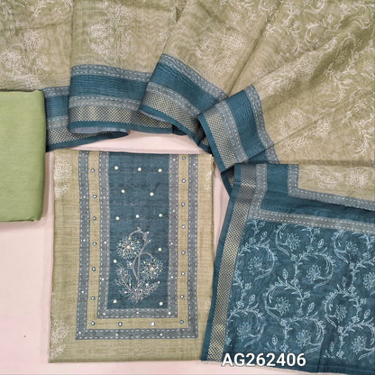 Designer beige and teal green jute silk floral printed unstitched salwar material, zardozi work on yoke (Textured, Lining Needed) matching spun cotton bottom,  digital printed dual shaded jute silk dupatta. AG262406