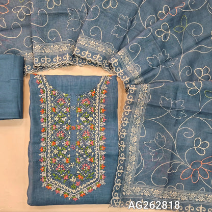 PREORDER SHIPPING 15 DAYS Denim Blue premium linen unstitched salwar material, rich embroidery on yoke (Textured, Lining Needed) santoon bottom, premium linen digital printed dupatta with hand embroidery, sequins and scallop detailing. AG262818