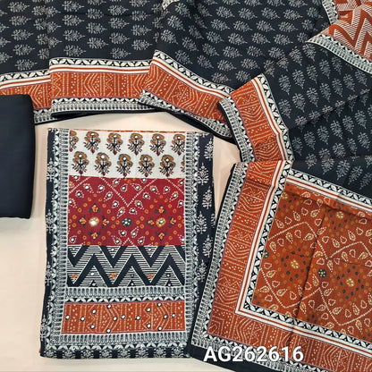 Black and Brick Red accord linen digital printed unstitched salwar material, hand embroidery and faux mirror work on yoke (Textured, Soft, Lining Optional) matching spun cotton bottom, digital printed accord linen short width dupatta. AG262616
