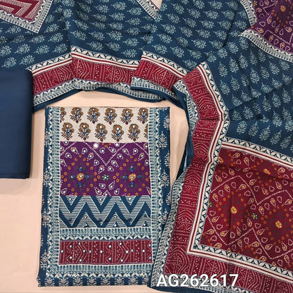 Dark Teal Blue and Maroon accord linen digital printed unstitched salwar material, hand embroidery and faux mirror work on yoke (Textured, Soft, Lining Optional) matching spun cotton bottom, digital printed accord linen short width dupatta. AG262617