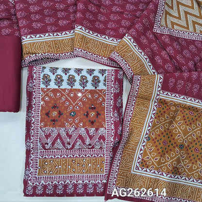 Reddish Maroon and Mehandhi Yellow accord linen digital printed unstitched salwar material, hand embroidery and faux mirror work on yoke (Textured, Soft, Lining Optional) spun cotton bottom, digital printed accord linen short width dupatta. AG262614