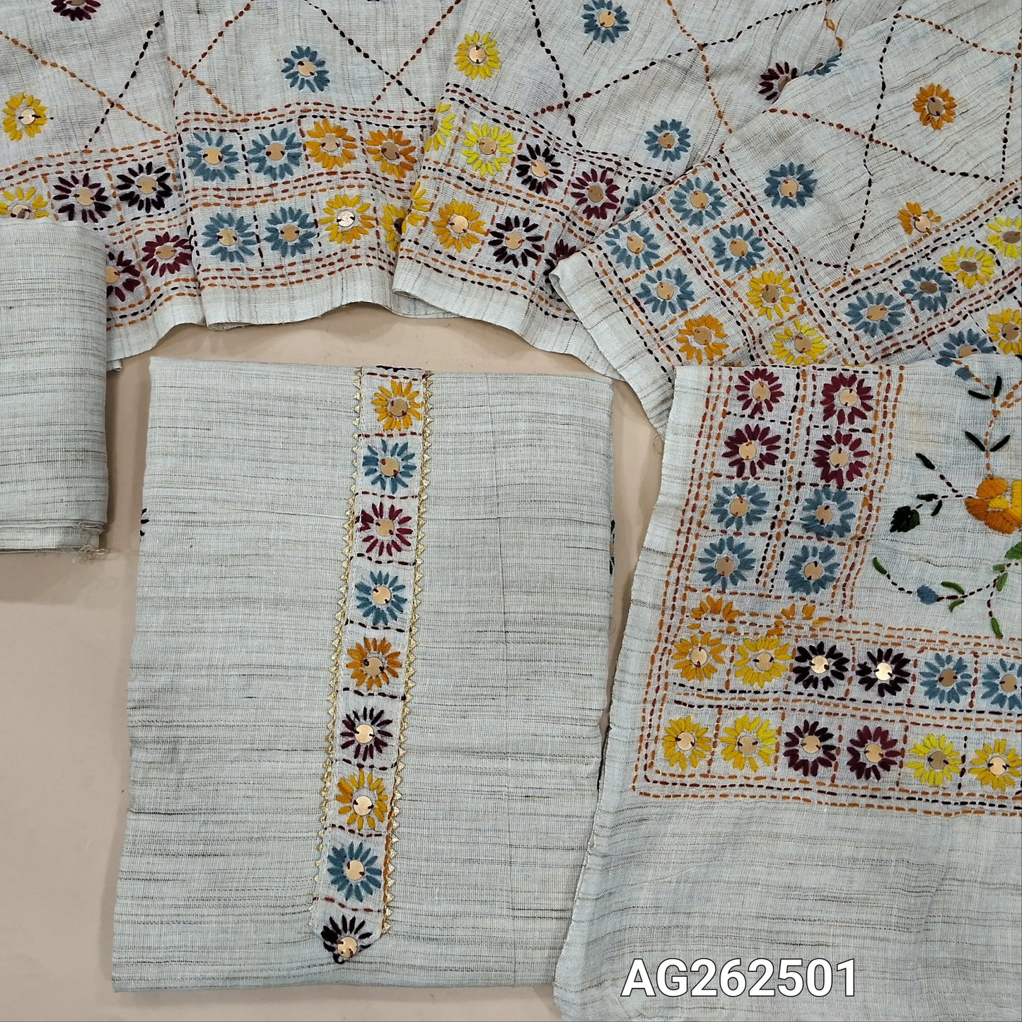 Designer Light Beige premium slub linen unstitched salwar material, hand embroidery on yoke (Soft, Lining Needed) matching bottom, slub linen dupatta with rich hand embroidery work and foil work. DRY CLEAN RECOMMENDED. AG262501