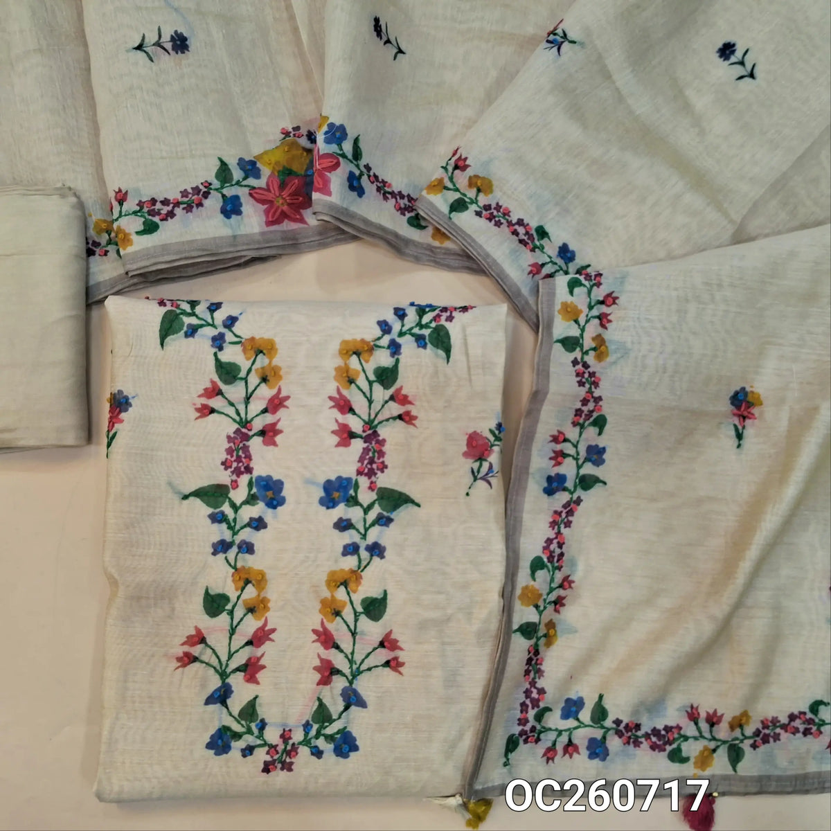 Light beige premium silk cotton unstitched salwar material,digital printed with hand embroidery work on yoke and front,(lining needed)santoon bottom, printed with hand embroidery on silk cotton dupatta. OC260717