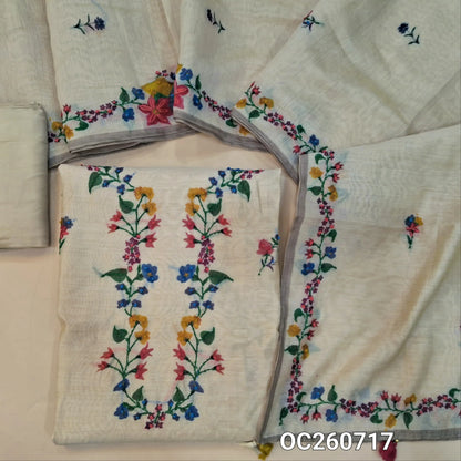 Light beige premium silk cotton unstitched salwar material,digital printed with hand embroidery work on yoke and front,(lining needed)santoon bottom, printed with hand embroidery on silk cotton dupatta. OC260717