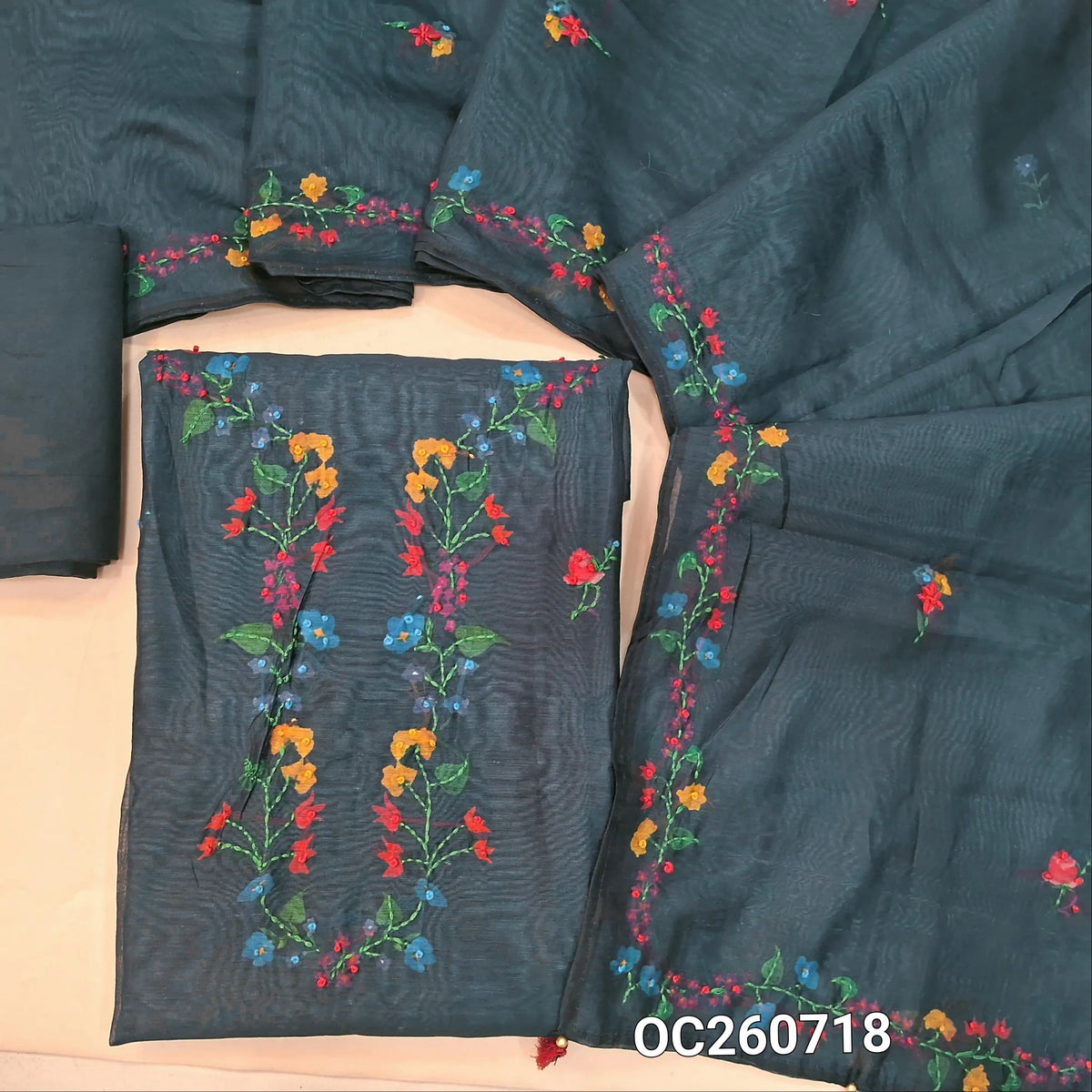 Dark blue premium silk cotton unstitched salwar material,digital printed with hand embroidery work on yoke and front,(lining needed)santoon bottom, printed with hand embroidery on silk cotton dupatta. OC260718