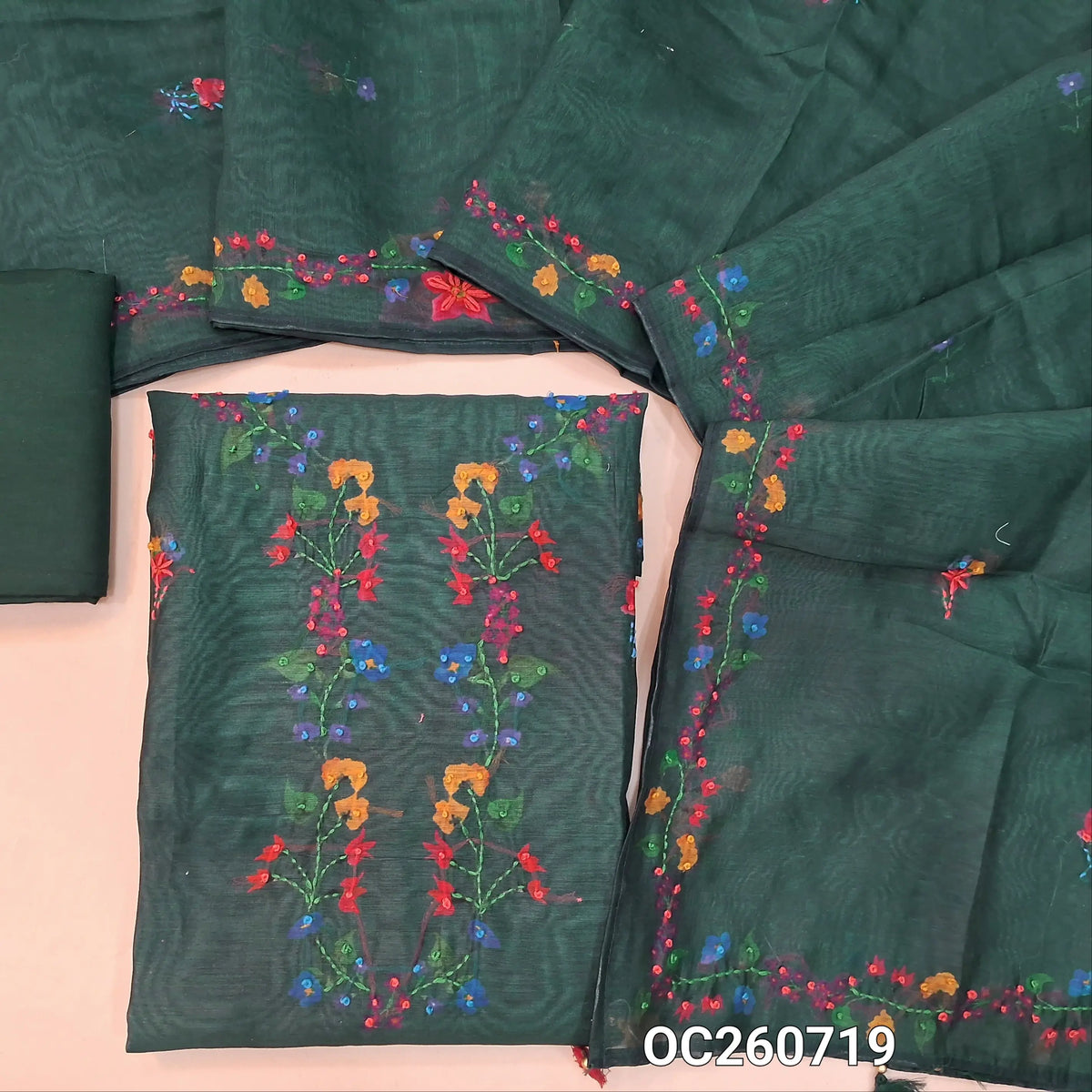 Dark green premium silk cotton unstitched salwar material,digital printed with hand embroidery work on yoke and front,(lining needed)santoon bottom, printed with hand embroidery on silk cotton dupatta. OC260719