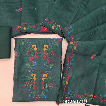 Dark green premium silk cotton unstitched salwar material,digital printed with hand embroidery work on yoke and front,(lining needed)santoon bottom, printed with hand embroidery on silk cotton dupatta. OC260719