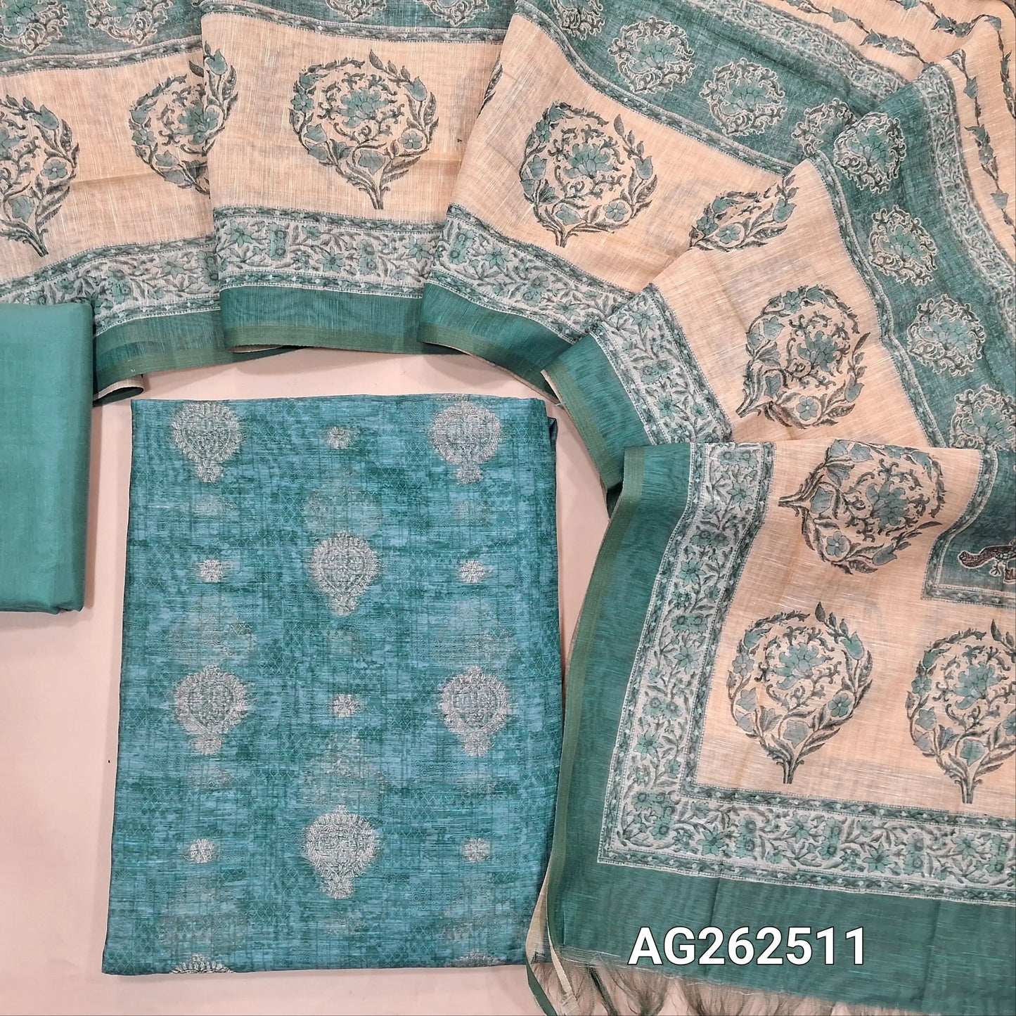 Pastel Blue benarasi jute silk unstitched salwar material, digital printed, benarasi zari woven buttas all over (Textured, Lining Needed) matching silky bottom, digital printed soft silk cotton dupatta. AG262511
