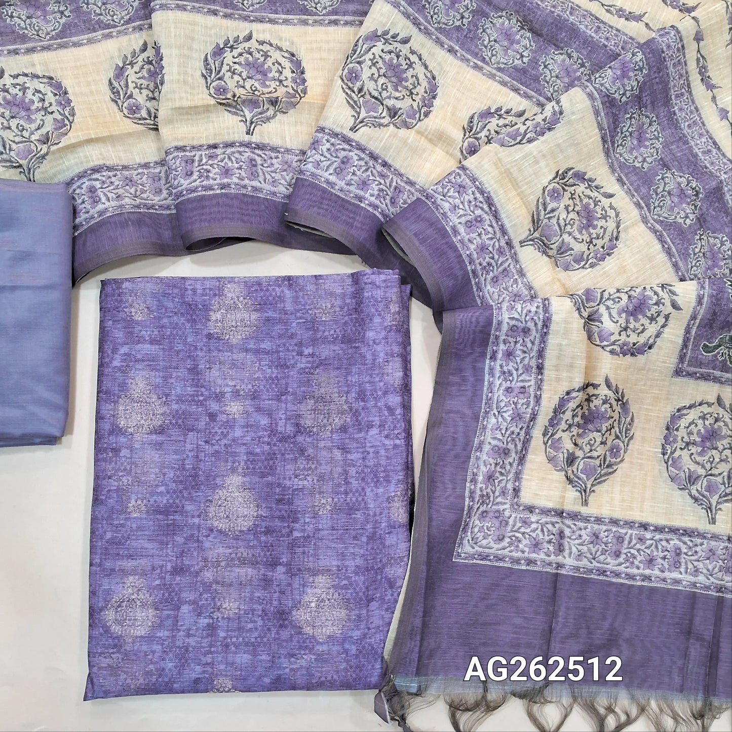 Light Purple benarasi jute silk unstitched salwar material, digital printed, benarasi zari woven buttas all over (Textured, Lining Needed) matching silky bottom, digital printed soft silk cotton dupatta. AG262512