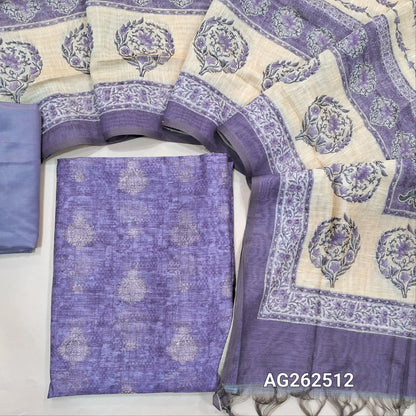 Light Purple benarasi jute silk unstitched salwar material, digital printed, benarasi zari woven buttas all over (Textured, Lining Needed) matching silky bottom, digital printed soft silk cotton dupatta. AG262512