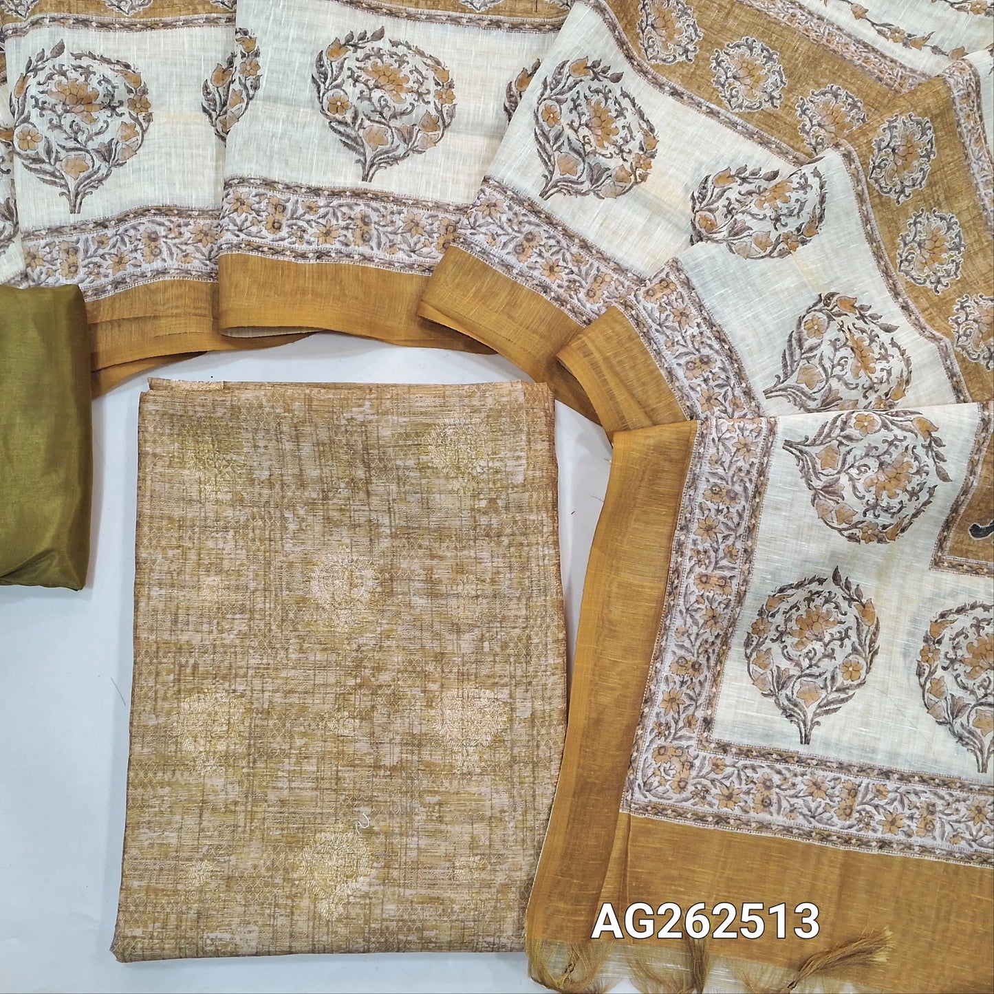 Rich beige benarasi jute silk unstitched salwar material, digital printed, benarasi zari woven buttas all over (Textured, Lining Needed) matching silky bottom, digital printed soft silk cotton dupatta. AG262513