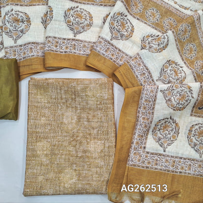 Rich beige benarasi jute silk unstitched salwar material, digital printed, benarasi zari woven buttas all over (Textured, Lining Needed) matching silky bottom, digital printed soft silk cotton dupatta. AG262513