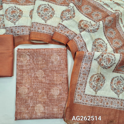 Onion pink benarasi jute silk unstitched salwar material, digital printed, benarasi zari woven buttas all over (Textured, Lining Needed) matching silky bottom, digital printed soft silk cotton dupatta. AG262514
