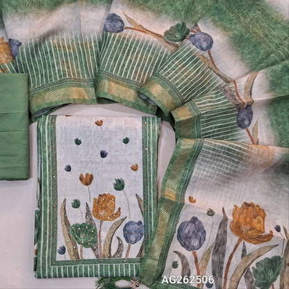 Leafy Green digital printed silk cotton unstitched salwar material, thread and sequins work on yoke (Lining Needed) matching silky bottom, digital printed silk cotton dupatta with zari borders. AG262506