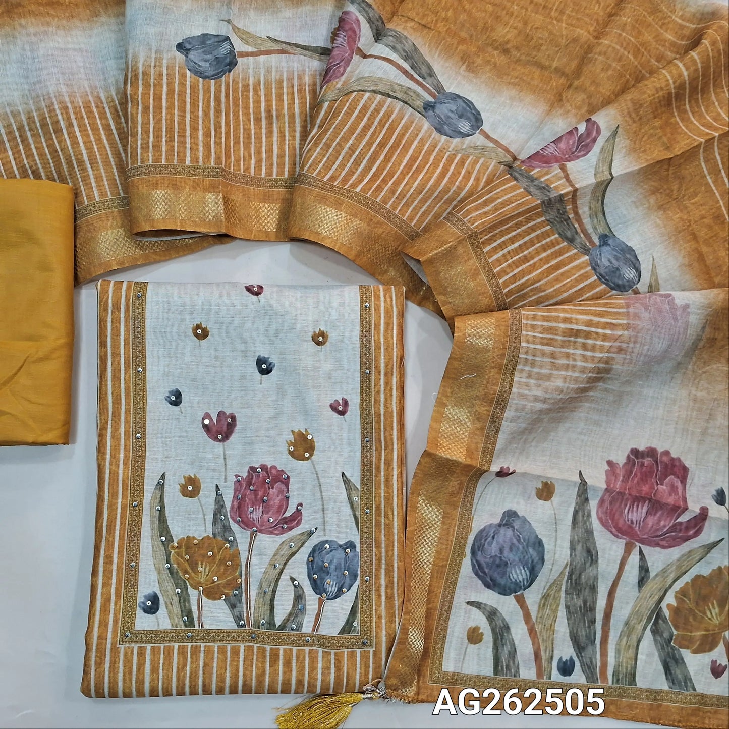Dark Mehandhi Yellow digital printed silk cotton unstitched salwar material, thread and sequins work on yoke (Lining Needed) matching silky bottom, digital printed silk cotton dupatta with zari borders. AG262505