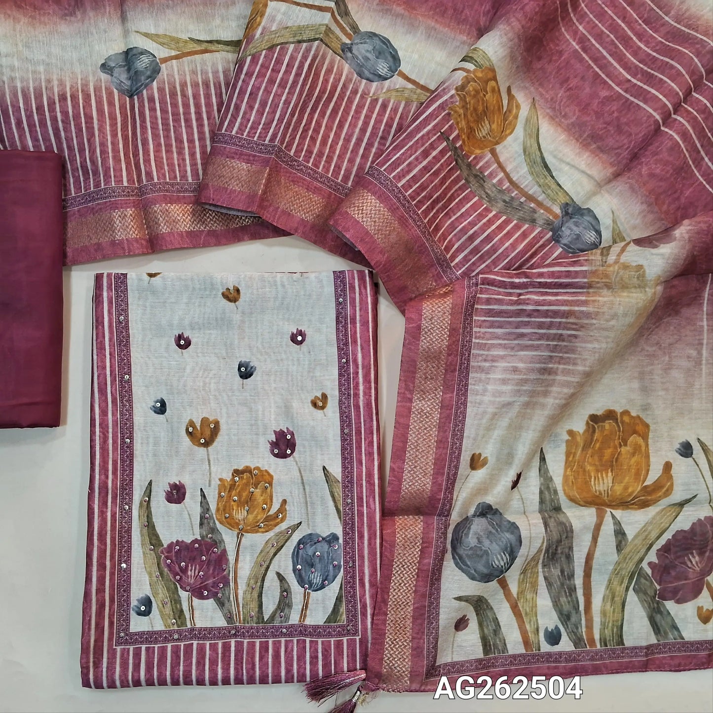 Dark Onion Pink digital printed silk cotton unstitched salwar material, thread and sequins work on yoke (Lining Needed) matching silky bottom, digital printed silk cotton dupatta with zari borders. AG262504