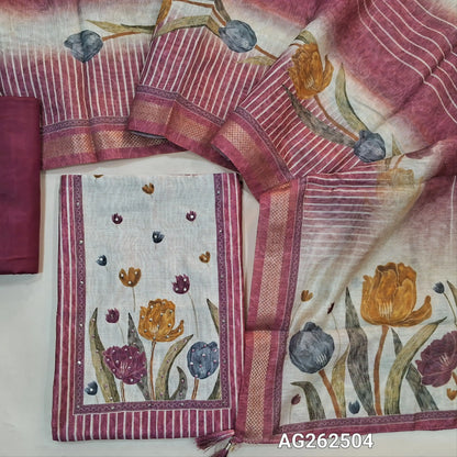 Dark Onion Pink digital printed silk cotton unstitched salwar material, thread and sequins work on yoke (Lining Needed) matching silky bottom, digital printed silk cotton dupatta with zari borders. AG262504