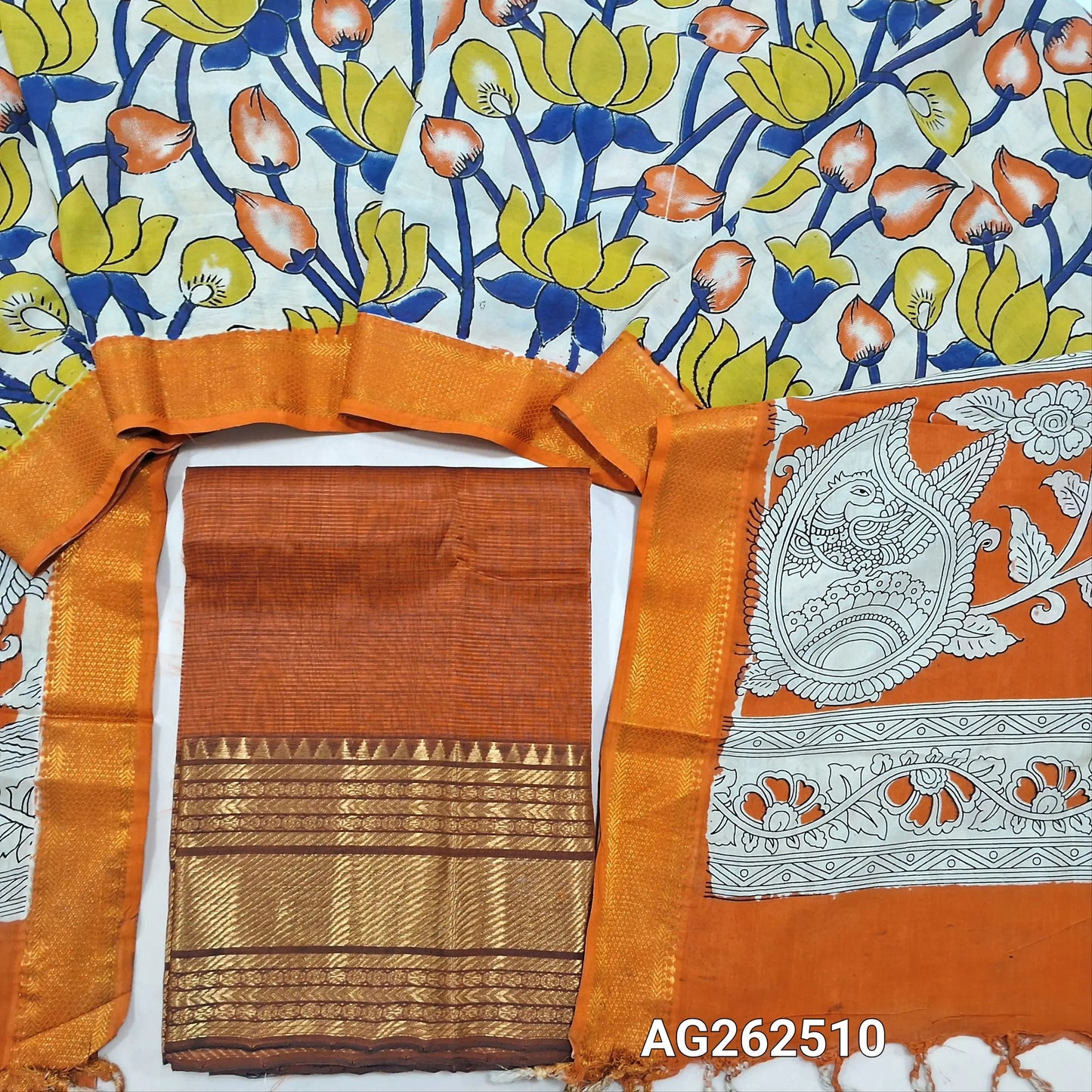 Rust Orange pure mangalgiri silk unstitched salwar material, rich gold zari woven borders (Lining Needed) NO BOTTOM, pen kalamkari chennuri silk dupatta with nizam borders. INCONSITENCY IN DYES AND STAINS ARE NOT DEFECTS.. AG262510
