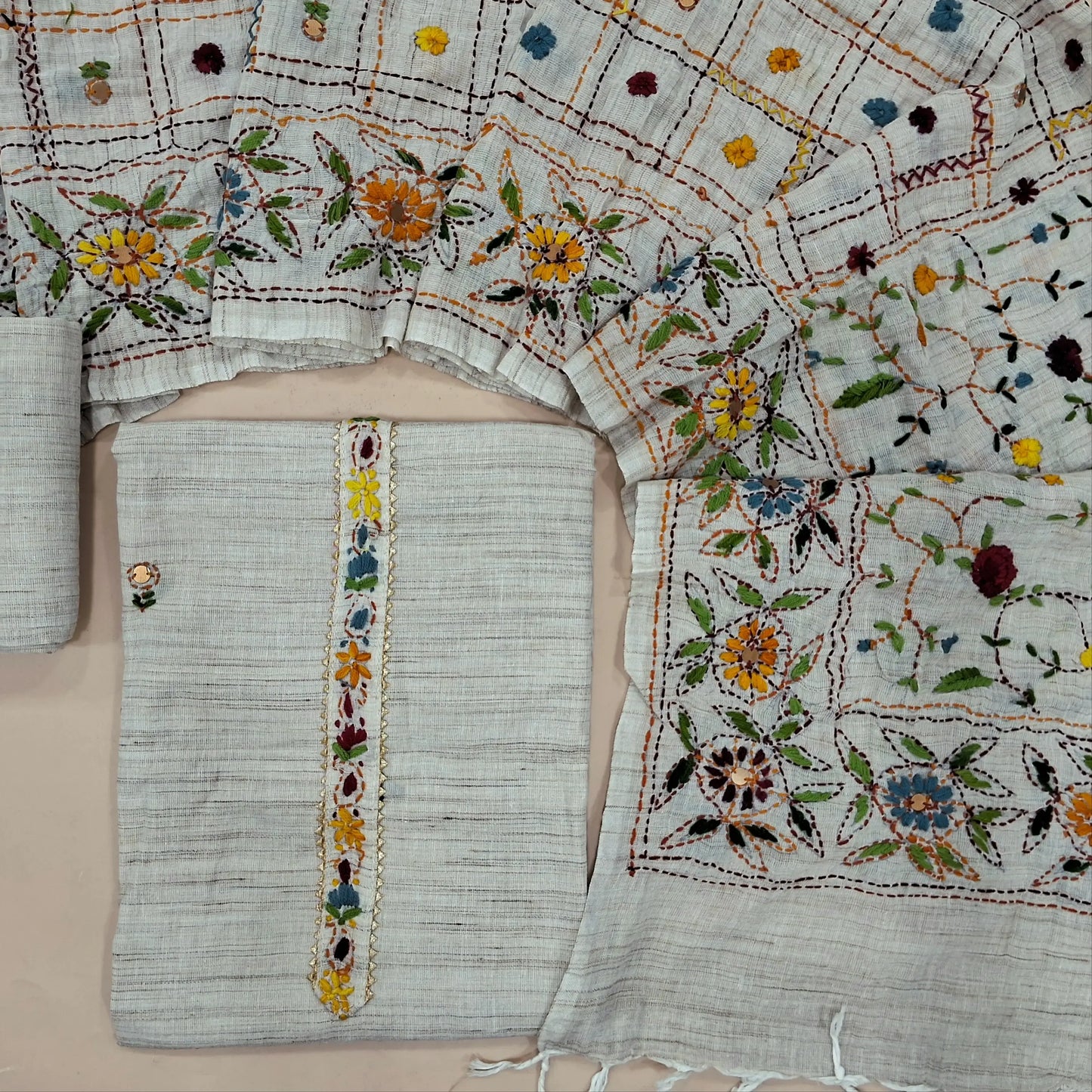 Designer Light Beige premium slub linen unstitched salwar material, hand embroidery on yoke (Soft, Lining Needed) matching bottom, slub linen dupatta with rich hand embroidery work. DRY CLEAN RECOMMENDED. AG262515