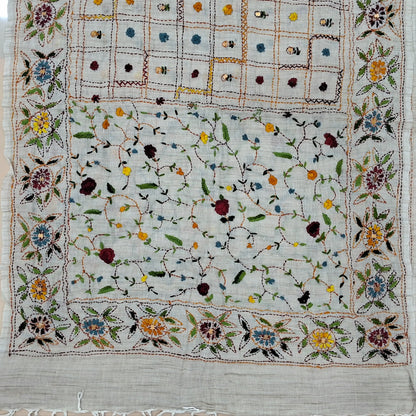 Designer Light Beige premium slub linen unstitched salwar material, hand embroidery on yoke (Soft, Lining Needed) matching bottom, slub linen dupatta with rich hand embroidery work. DRY CLEAN RECOMMENDED. AG262515