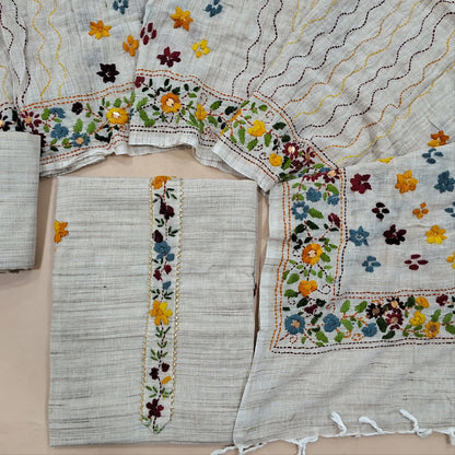 Designer Light Beige premium slub linen unstitched salwar material, hand embroidery on yoke (Soft, Lining Needed) matching bottom, slub linen dupatta with rich hand embroidery work. DRY CLEAN RECOMMENDED. AG262516