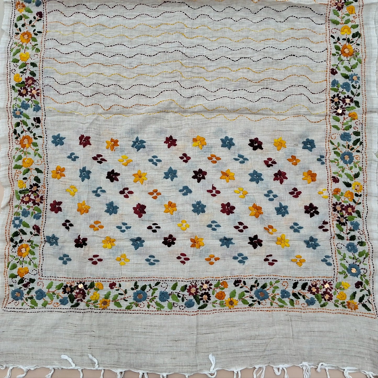 Designer Light Beige premium slub linen unstitched salwar material, hand embroidery on yoke (Soft, Lining Needed) matching bottom, slub linen dupatta with rich hand embroidery work. DRY CLEAN RECOMMENDED. AG262516