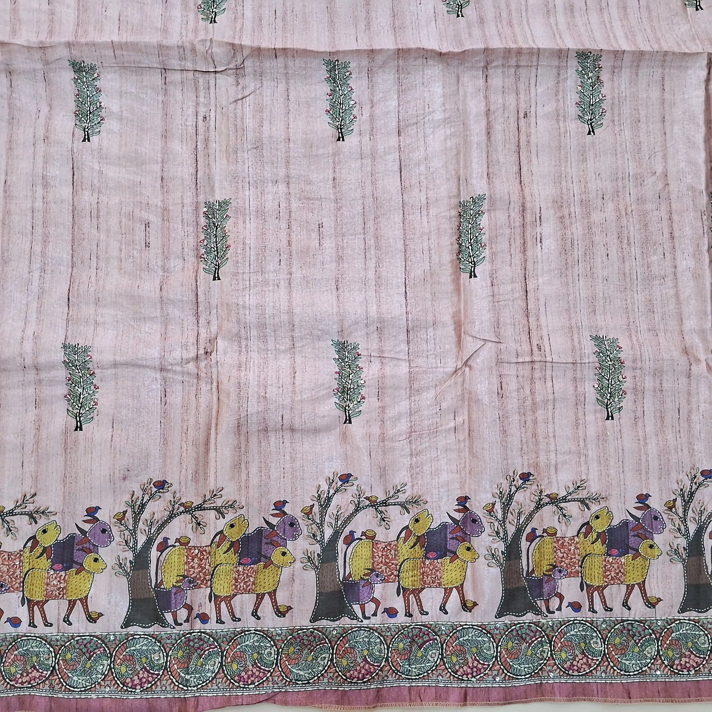 Pastel Pink premium tussar silk unstitched salwar material with madhubani prints all over with hand embroidery work (Lightweight, Lining Needed) Matching Santoon Bottom, Tussar silk digital printed dupatta. AG262706