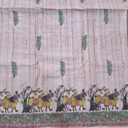 Pastel Pink premium tussar silk unstitched salwar material with madhubani prints all over with hand embroidery work (Lightweight, Lining Needed) Matching Santoon Bottom, Tussar silk digital printed dupatta. AG262706