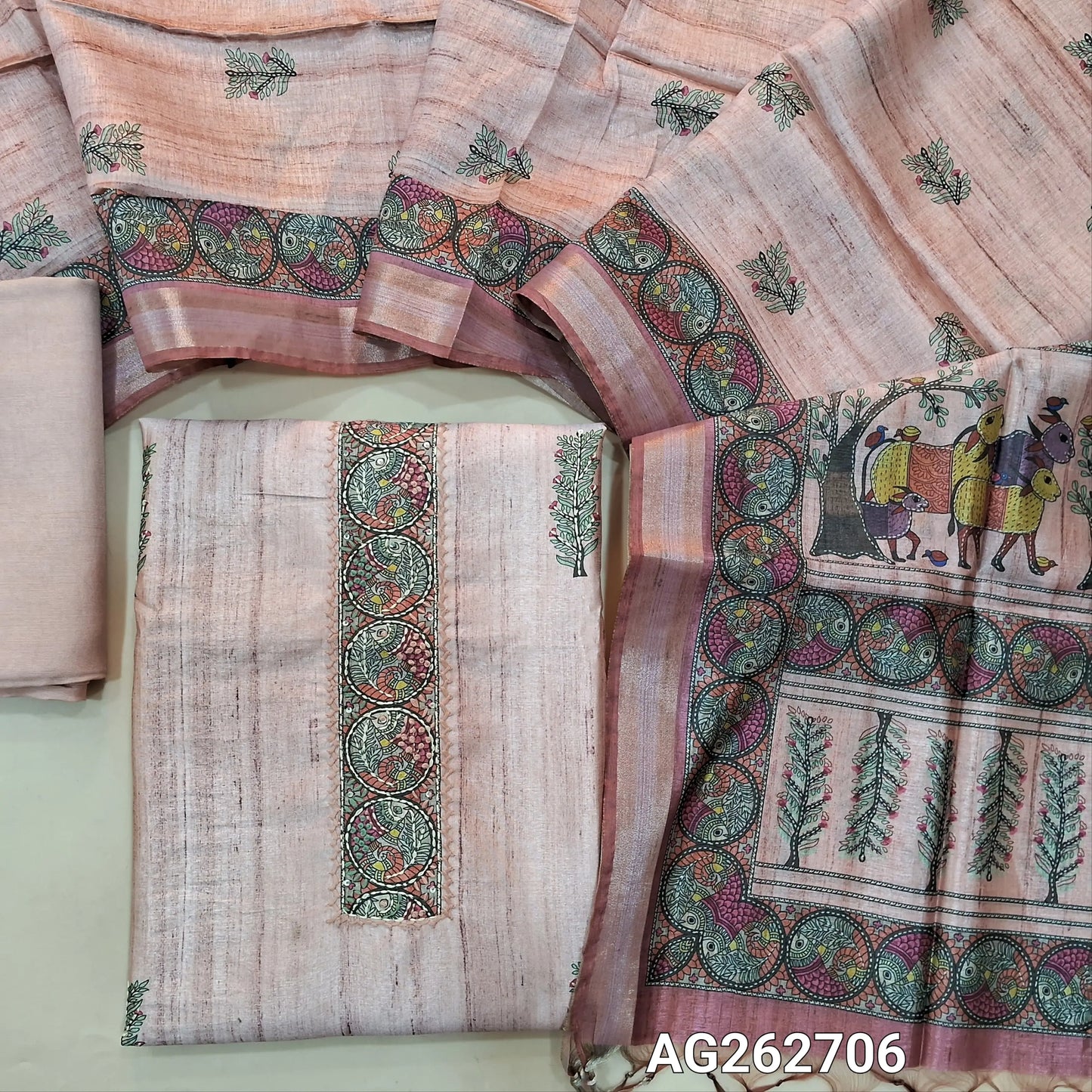 Pastel Pink premium tussar silk unstitched salwar material with madhubani prints all over with hand embroidery work (Lightweight, Lining Needed) Matching Santoon Bottom, Tussar silk digital printed dupatta. AG262706