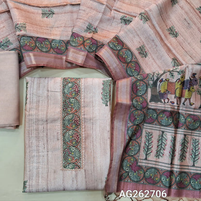 Pastel Pink premium tussar silk unstitched salwar material with madhubani prints all over with hand embroidery work (Lightweight, Lining Needed) Matching Santoon Bottom, Tussar silk digital printed dupatta. AG262706