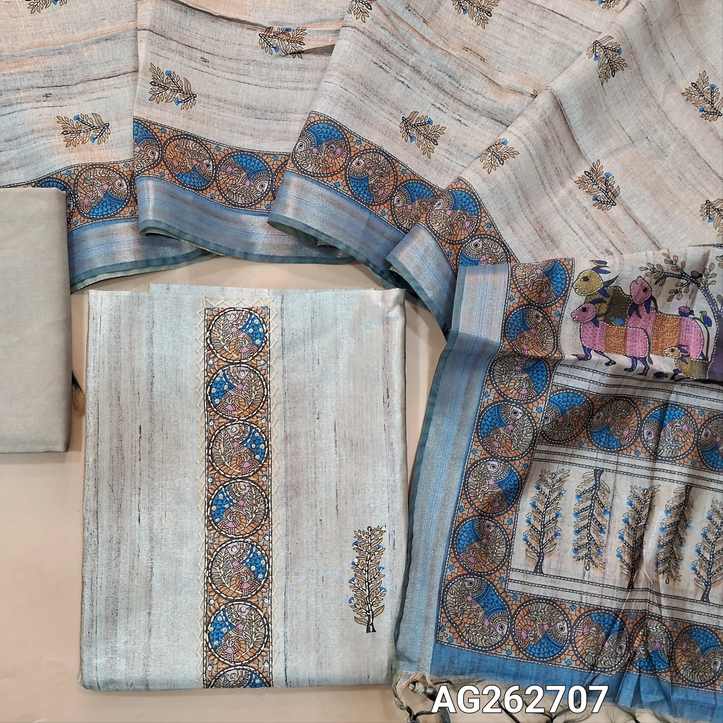 Light Grey premium tussar silk unstitched salwar material with madhubani prints all over with hand embroidery work (Lightweight, Lining Needed) Matching Santoon Bottom, Tussar silk digital printed dupatta. AG262707