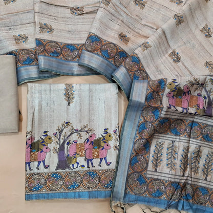 Light Grey premium tussar silk unstitched salwar material with madhubani prints all over with hand embroidery work (Lightweight, Lining Needed) Matching Santoon Bottom, Tussar silk digital printed dupatta. AG262707