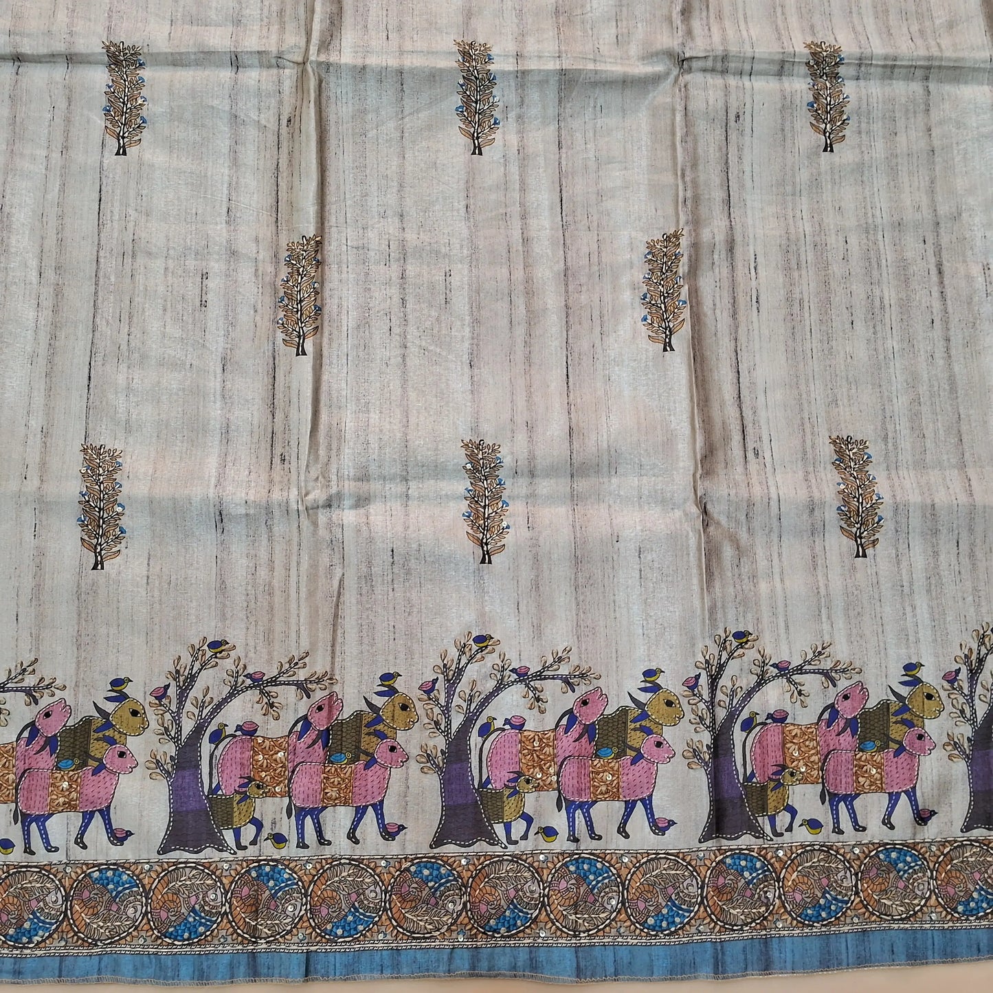 Light Grey premium tussar silk unstitched salwar material with madhubani prints all over with hand embroidery work (Lightweight, Lining Needed) Matching Santoon Bottom, Tussar silk digital printed dupatta. AG262707