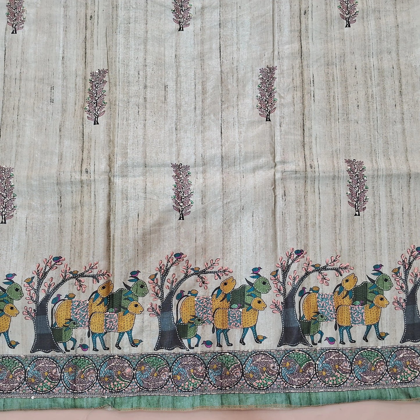 Pastel Green premium tussar silk unstitched salwar material with madhubani prints all over with hand embroidery work (Lightweight, Lining Needed) Matching Santoon Bottom, Tussar silk digital printed dupatta. AG262708