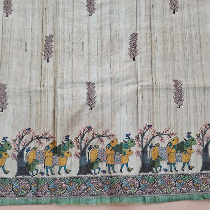 Pastel Green premium tussar silk unstitched salwar material with madhubani prints all over with hand embroidery work (Lightweight, Lining Needed) Matching Santoon Bottom, Tussar silk digital printed dupatta. AG262708