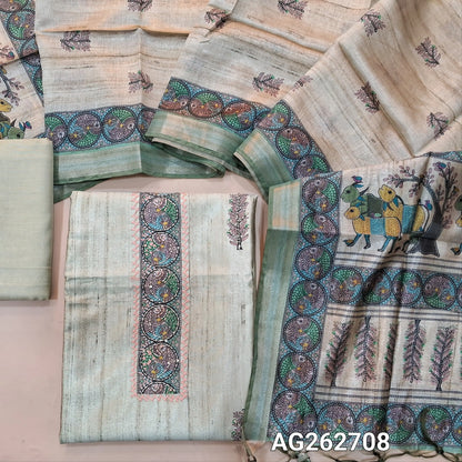 Pastel Green premium tussar silk unstitched salwar material with madhubani prints all over with hand embroidery work (Lightweight, Lining Needed) Matching Santoon Bottom, Tussar silk digital printed dupatta. AG262708