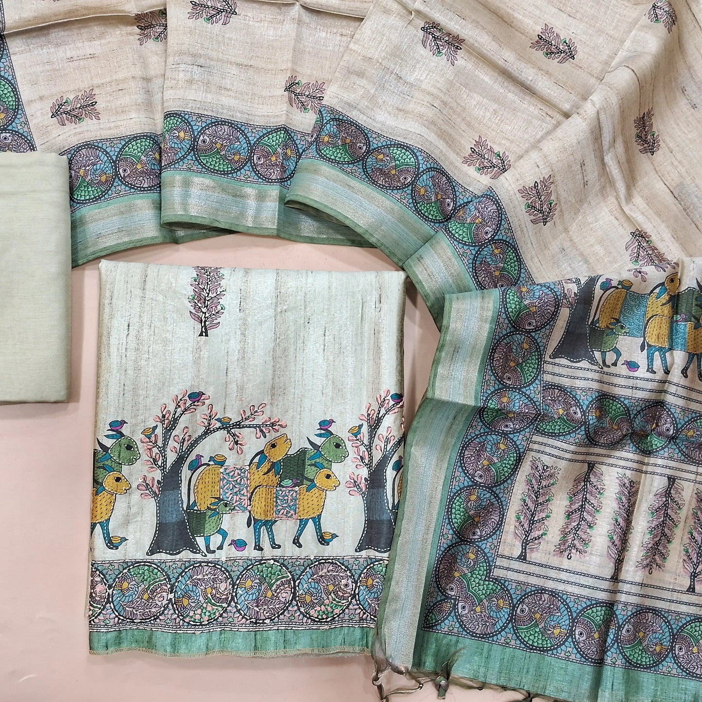 Pastel Green premium tussar silk unstitched salwar material with madhubani prints all over with hand embroidery work (Lightweight, Lining Needed) Matching Santoon Bottom, Tussar silk digital printed dupatta. AG262708